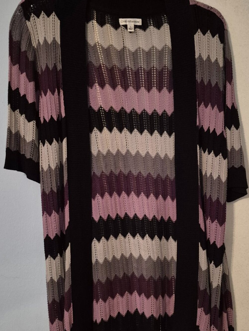 Croft & Barrow Chevron Patterned SS Open Front Cardigan Sweater Women's L NWOT